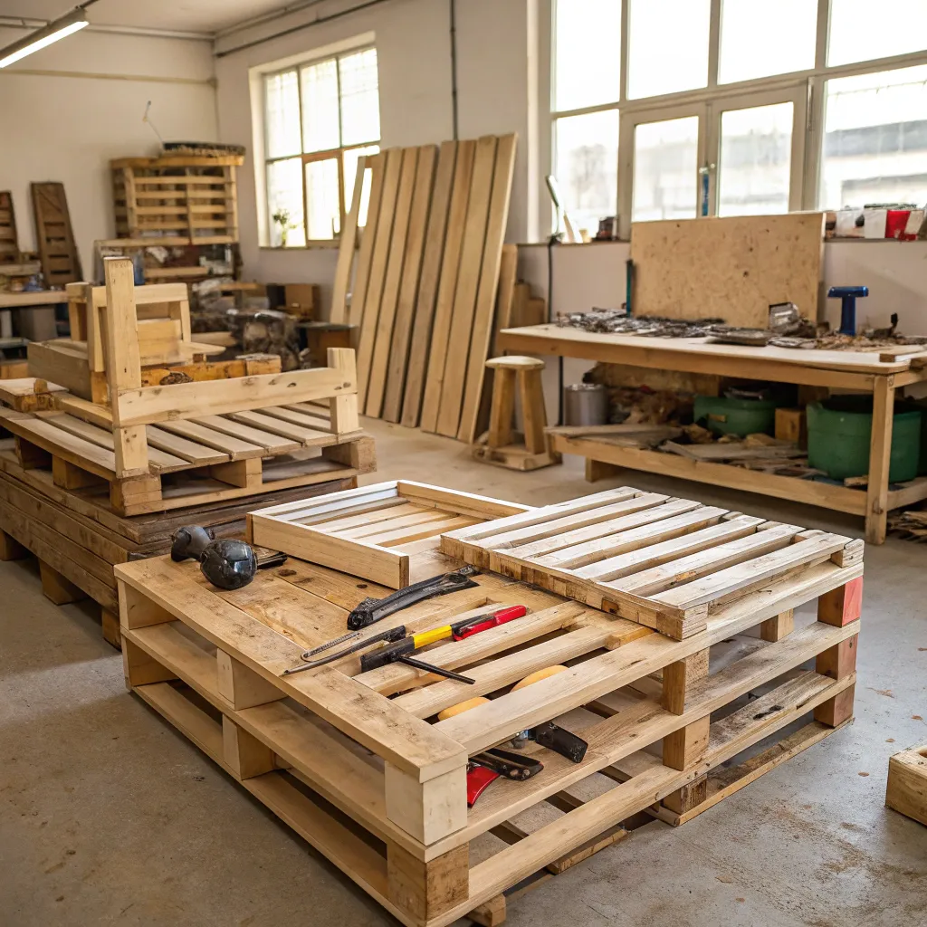 Handcrafted pallet furniture workshop setup